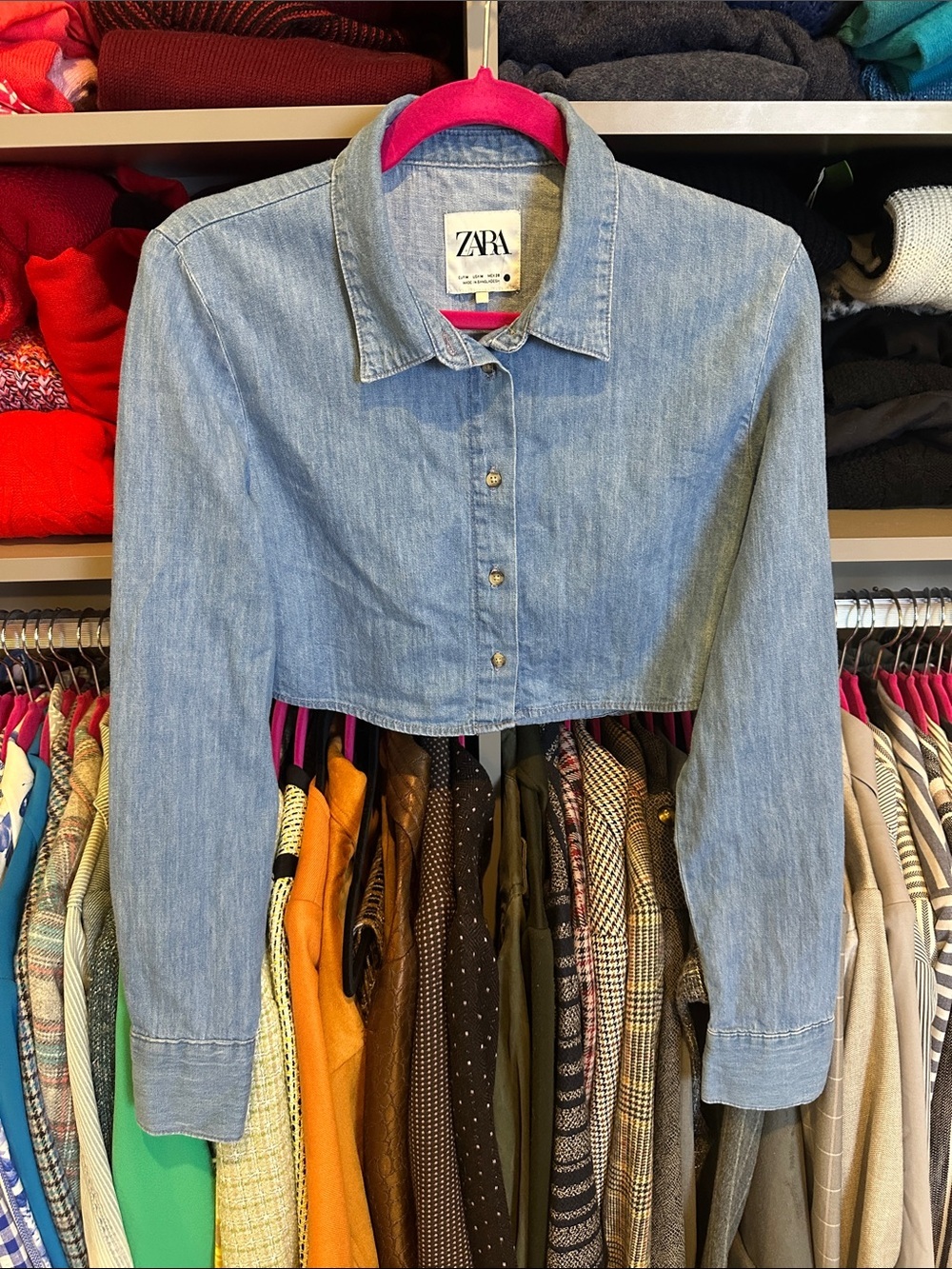 Zara blue long sleeve front button closure cropped denim top size M NWOT